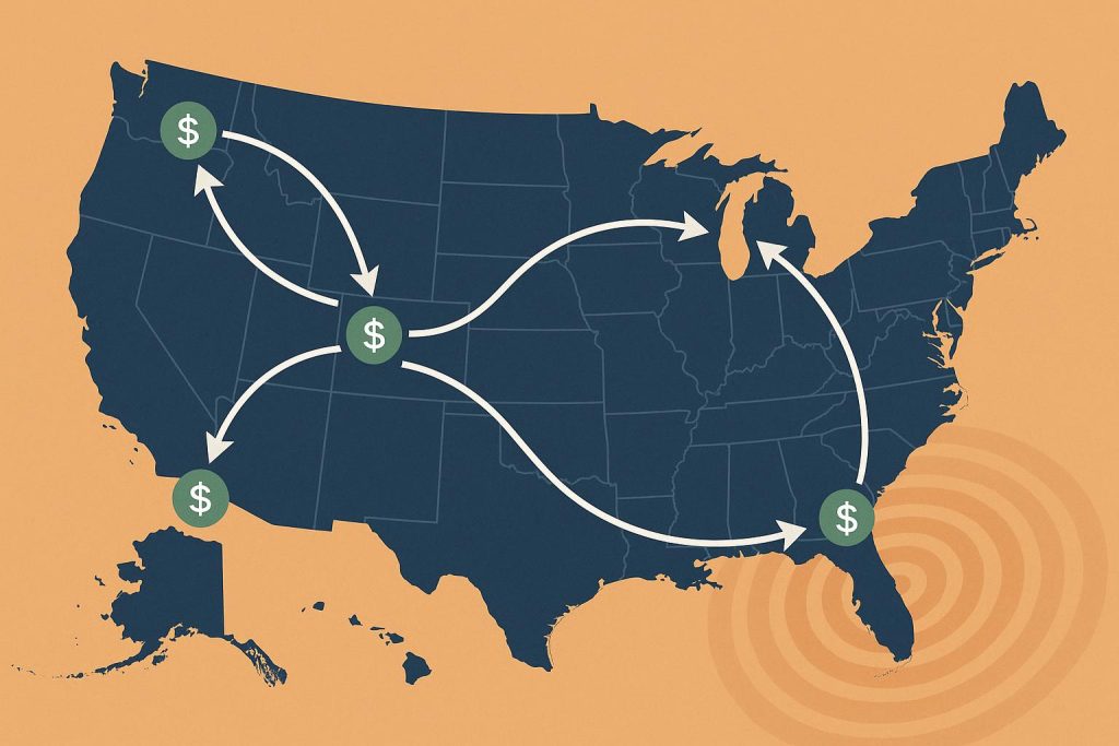 Map illustrating interstate migration patterns and economic impact across the United States