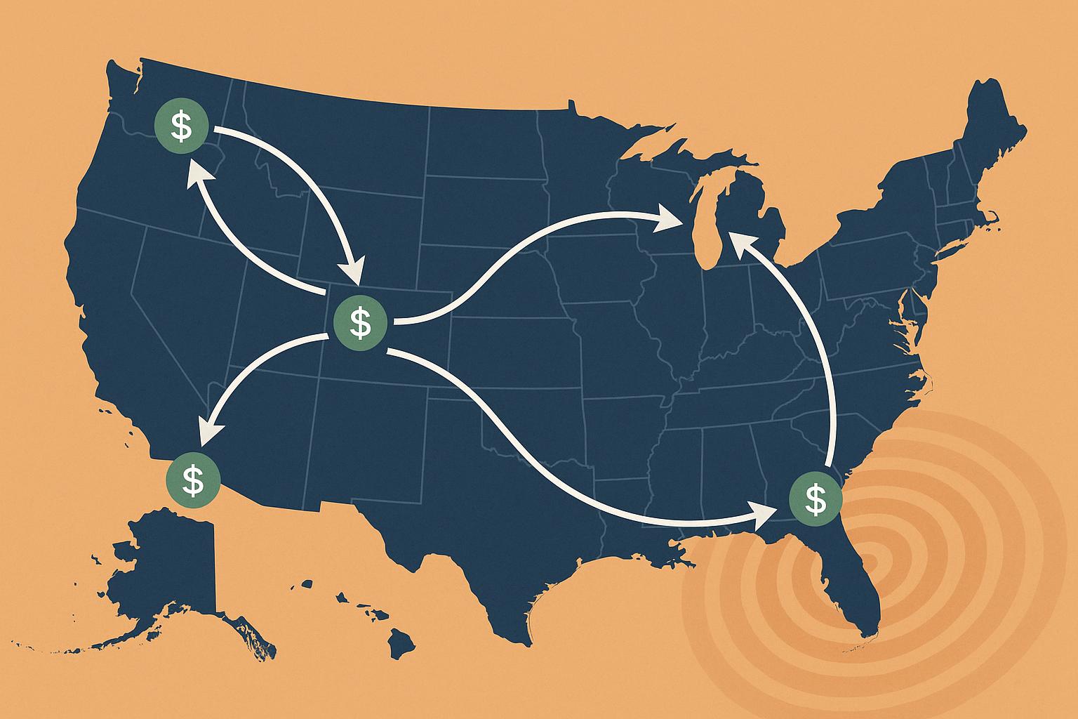 Map illustrating interstate migration patterns and economic impact across the United States