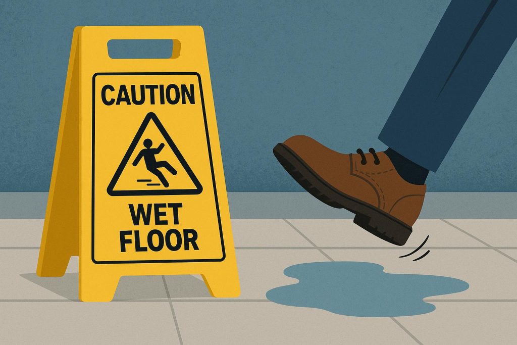 Wet floor warning sign in a hallway, highlighting slip and fall accident prevention safety measures