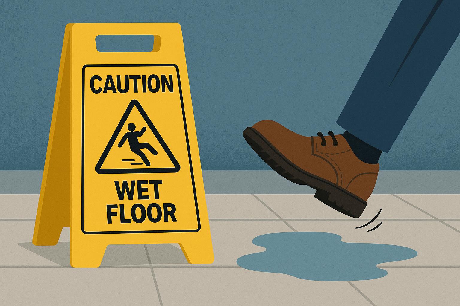 Wet floor warning sign in a hallway, highlighting slip and fall accident prevention safety measures