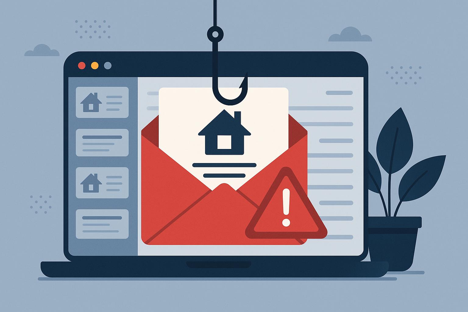 Phishing email alert with warning symbol on laptop screen targeting homeowners’ digital security