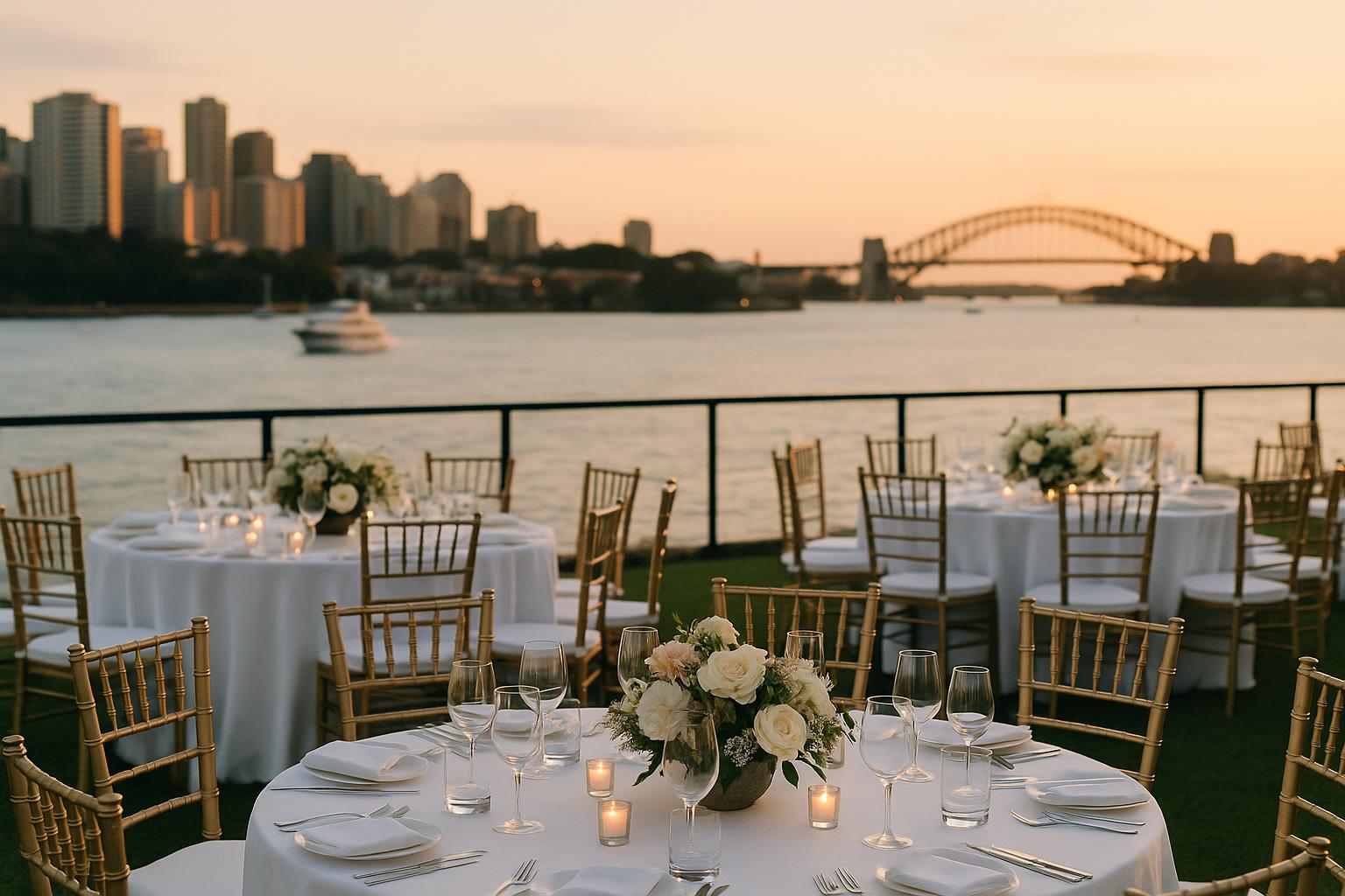 Scenic harbour view with waterfront venue creating a romantic setting for weddings
