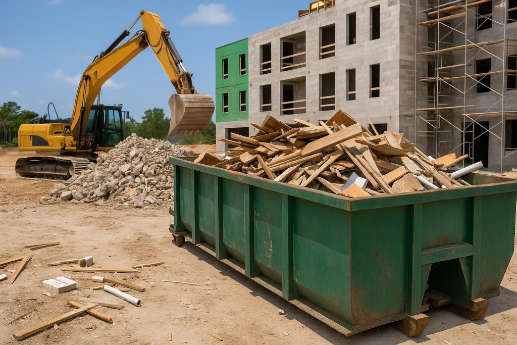 Construction site in Florida with organized waste bins showcasing sustainable waste management practices