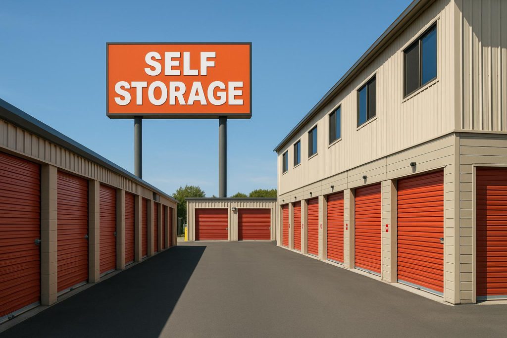 Rows of modern self storage units in Santa Rosa, California with secure gated access