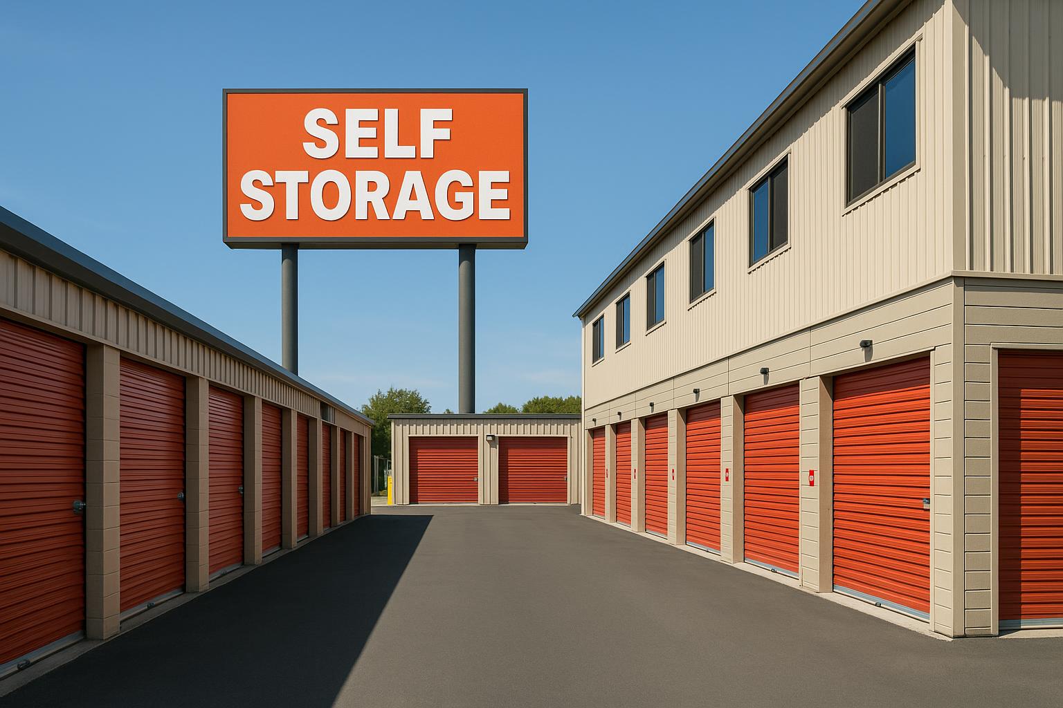 Rows of modern self storage units in Santa Rosa, California with secure gated access