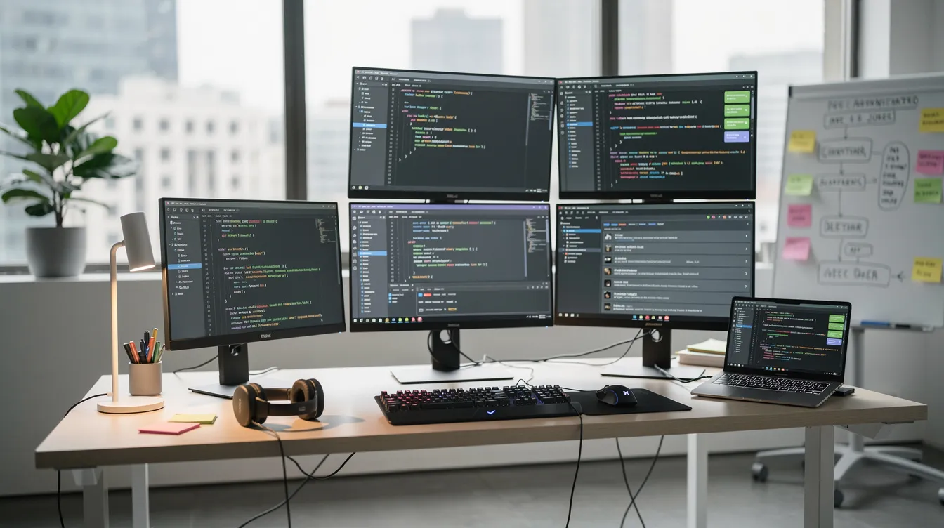The image depicts a modern software development workspace featuring multiple monitors displaying lines of code and various collaboration tools, emphasizing an environment conducive to translation tasks and multilingual communication. The setup suggests a focus on AI-powered translation solutions, showcasing tools that facilitate accurate translation and effective localization workflows.