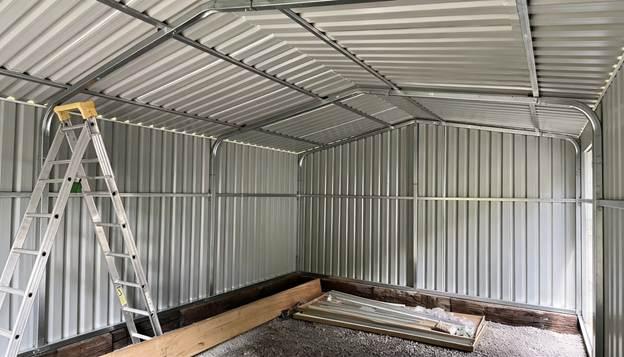 Inside of a 14’ x 19’ metal shed