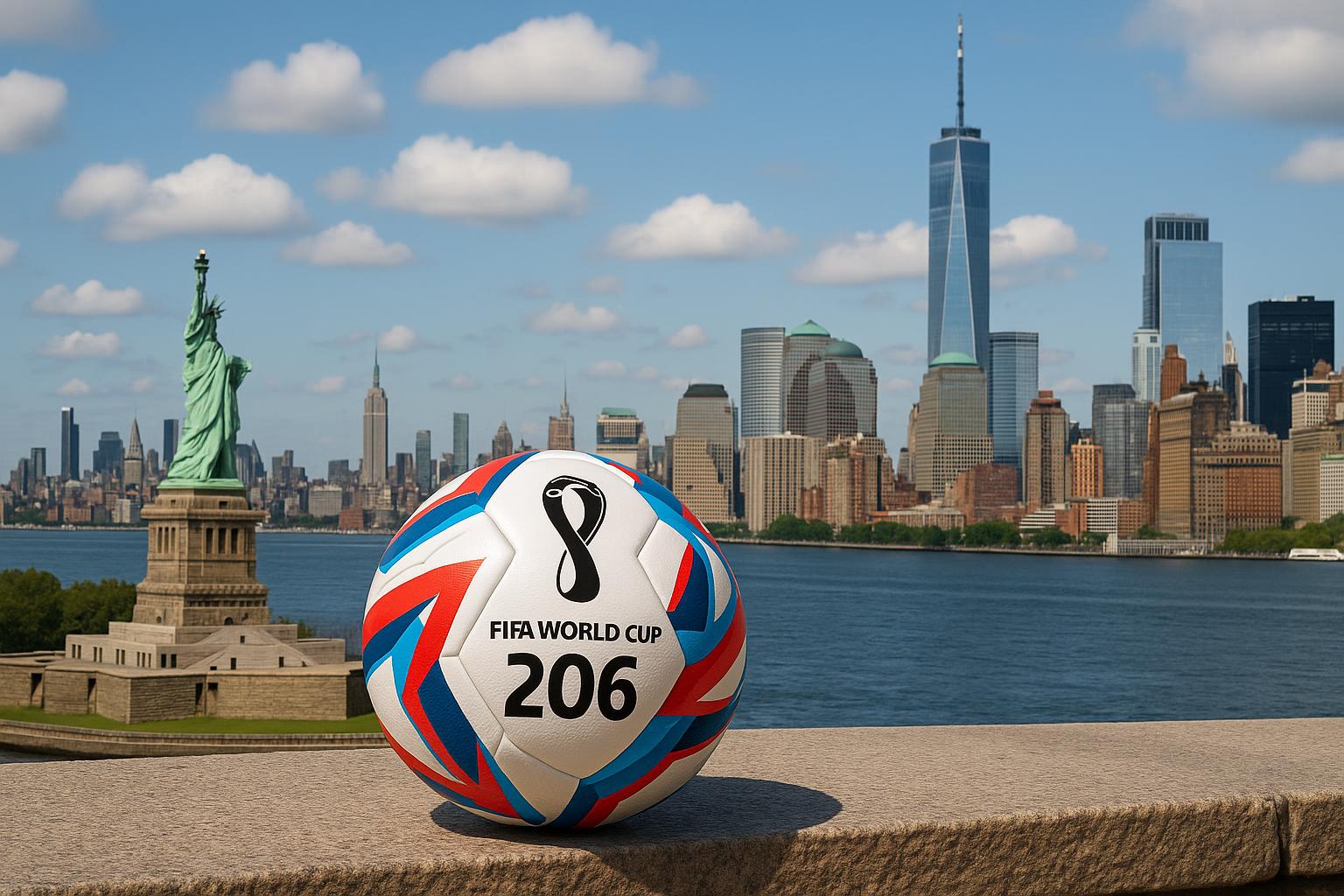 FIFA World Cup 2026 preparations in New York with stadium and cityscape in the background