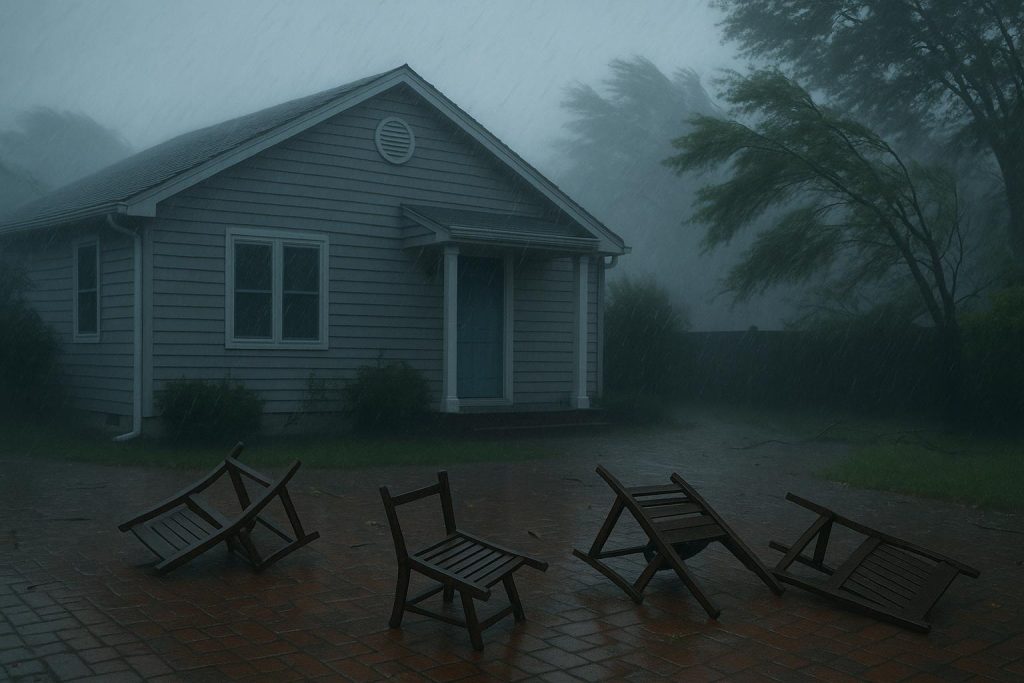 Flooded neighborhood and damaged homes illustrating family survival during Hurricane Sandy