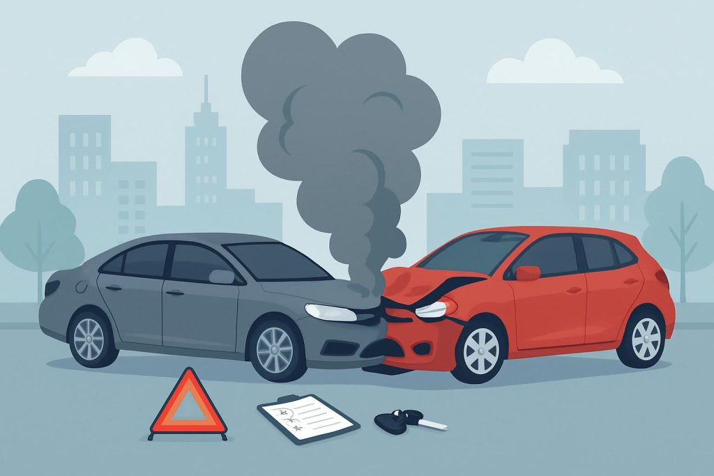 Damaged car on roadside after collision, highlighting common post-accident mistakes to avoid