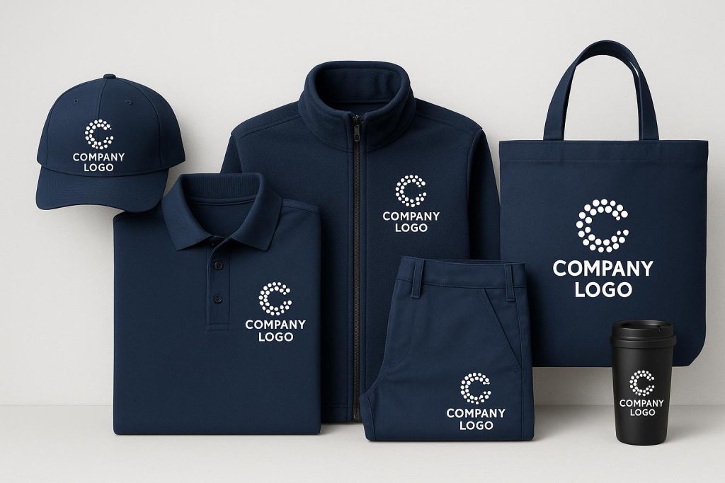 Custom branded workwear with company logo displayed on uniforms in a professional workplace setting