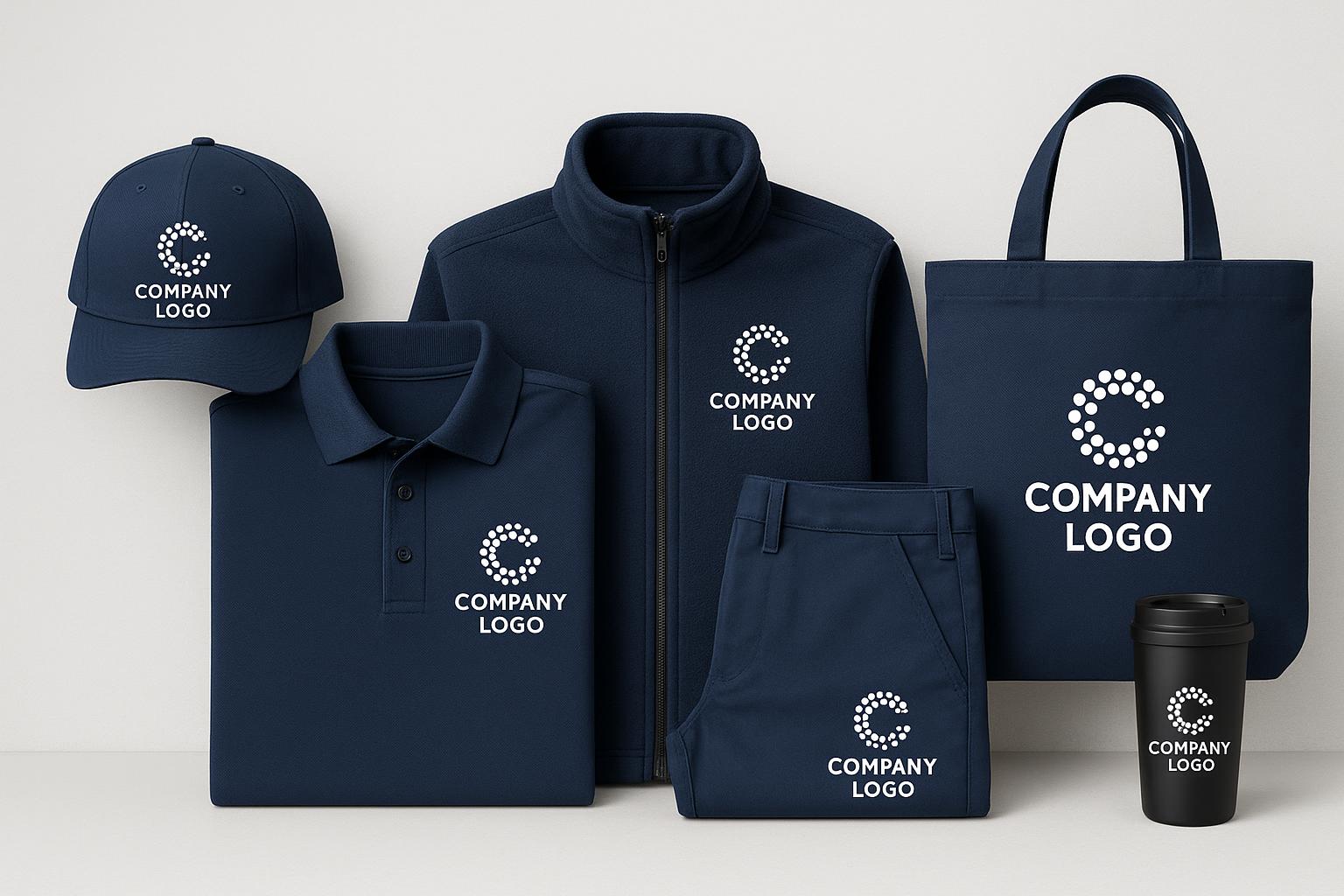 Custom branded workwear with company logo displayed on uniforms in a professional workplace setting