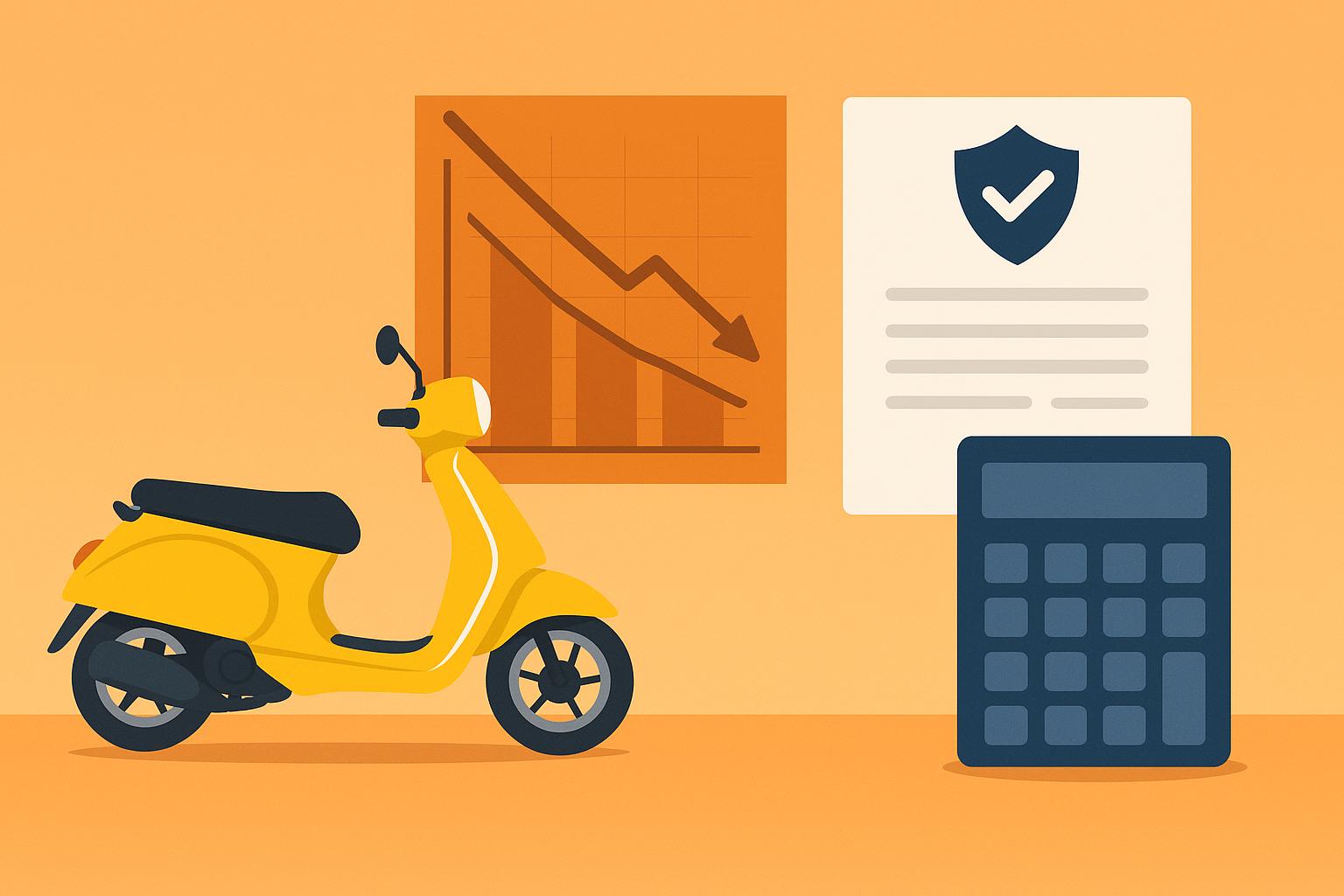 Two-wheeler illustration with insurance and depreciation symbols highlighting premium calculation