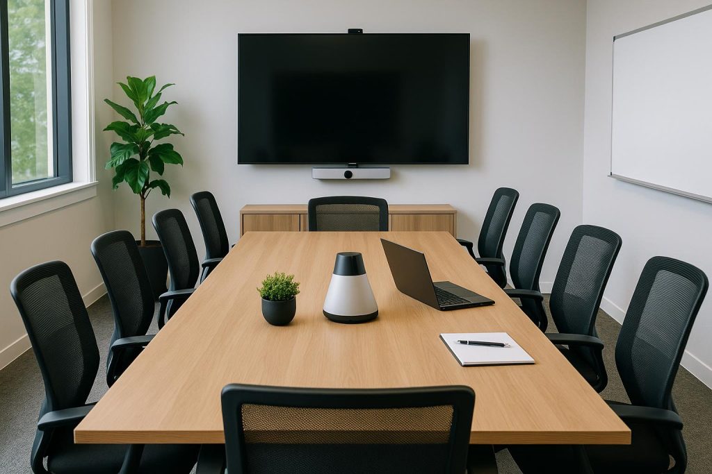 Modern conference room with large table, ergonomic chairs, presentation screen, and good lighting