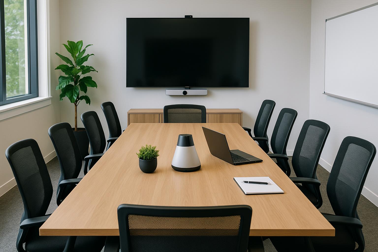 Modern conference room with large table, ergonomic chairs, presentation screen, and good lighting
