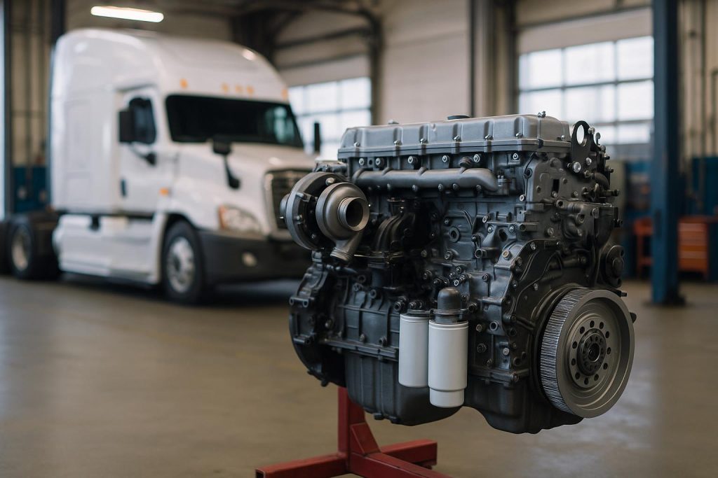 Close-up of a rebuilt diesel engine mounted in a truck, showcasing clean, restored components