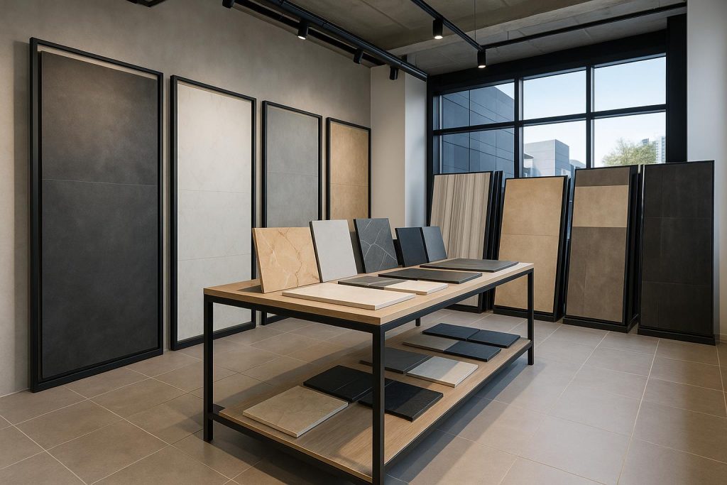 Modern UK tile showroom highlighting adaptable display layouts and flexible tile arrangement solutions