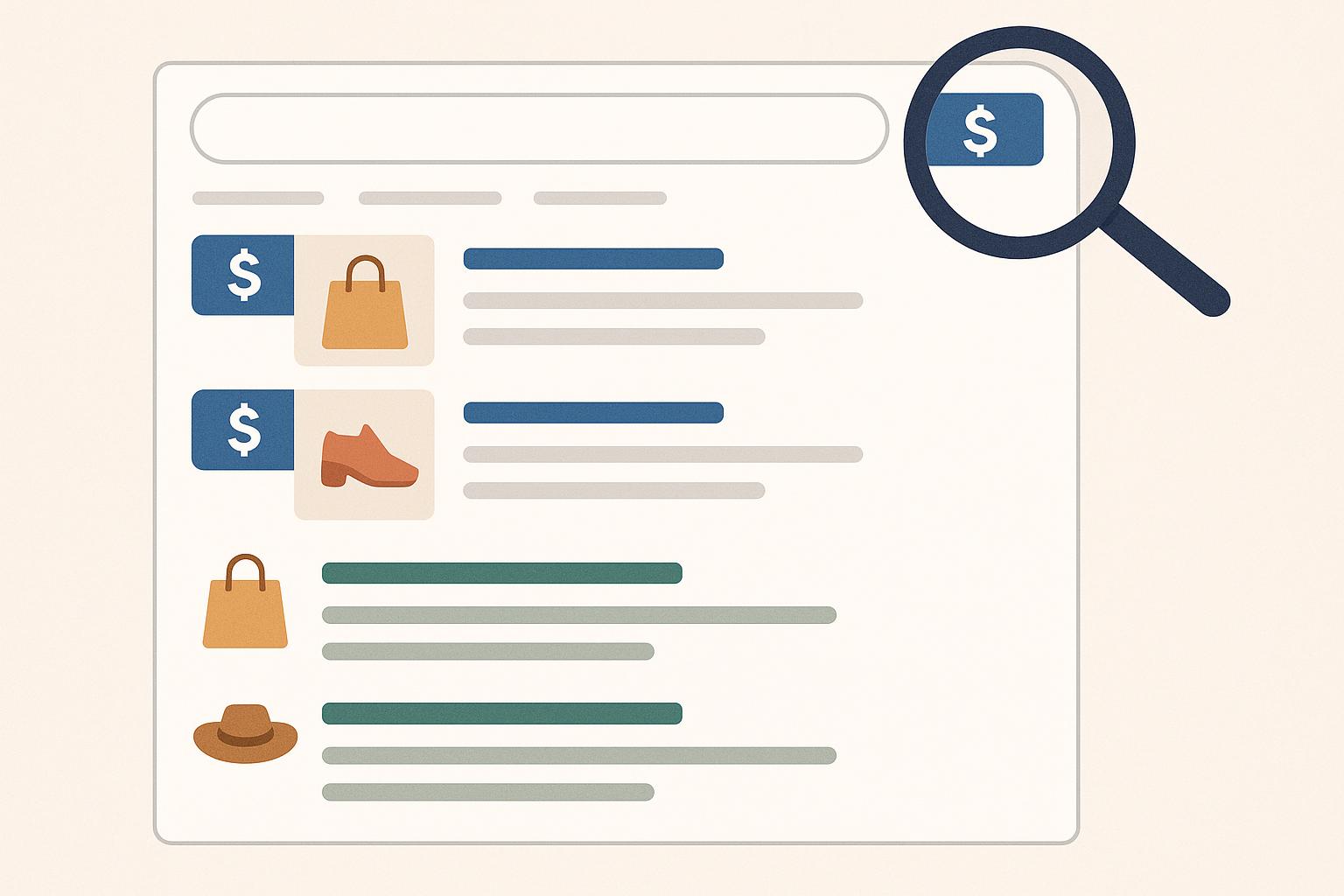 Products highlighted among organic and paid search results to illustrate digital marketing balance
