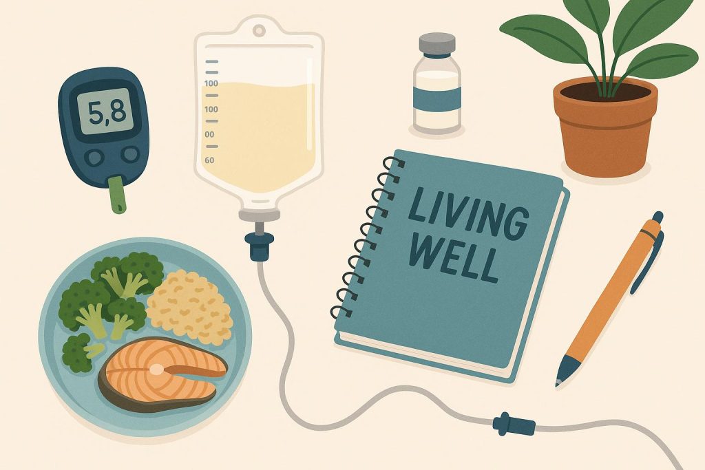 Home parenteral nutrition supplies and equipment organized on a kitchen counter for patient care
