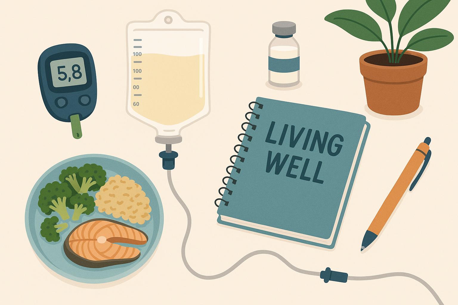Home parenteral nutrition supplies and equipment organized on a kitchen counter for patient care