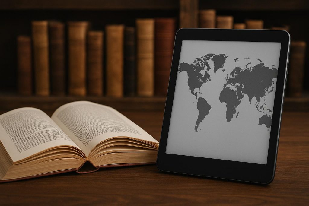 Stack of history books with digital tablet illustrating critical thinking in the digital age