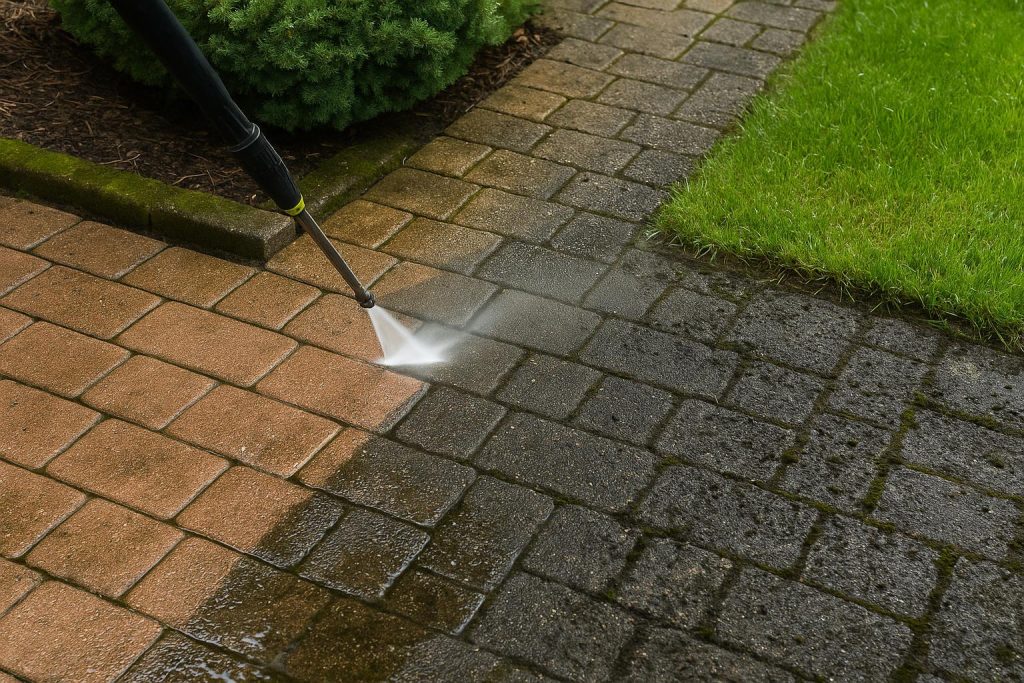 Pressure washing patio and deck to maintain clean, attractive outdoor spaces throughout the year
