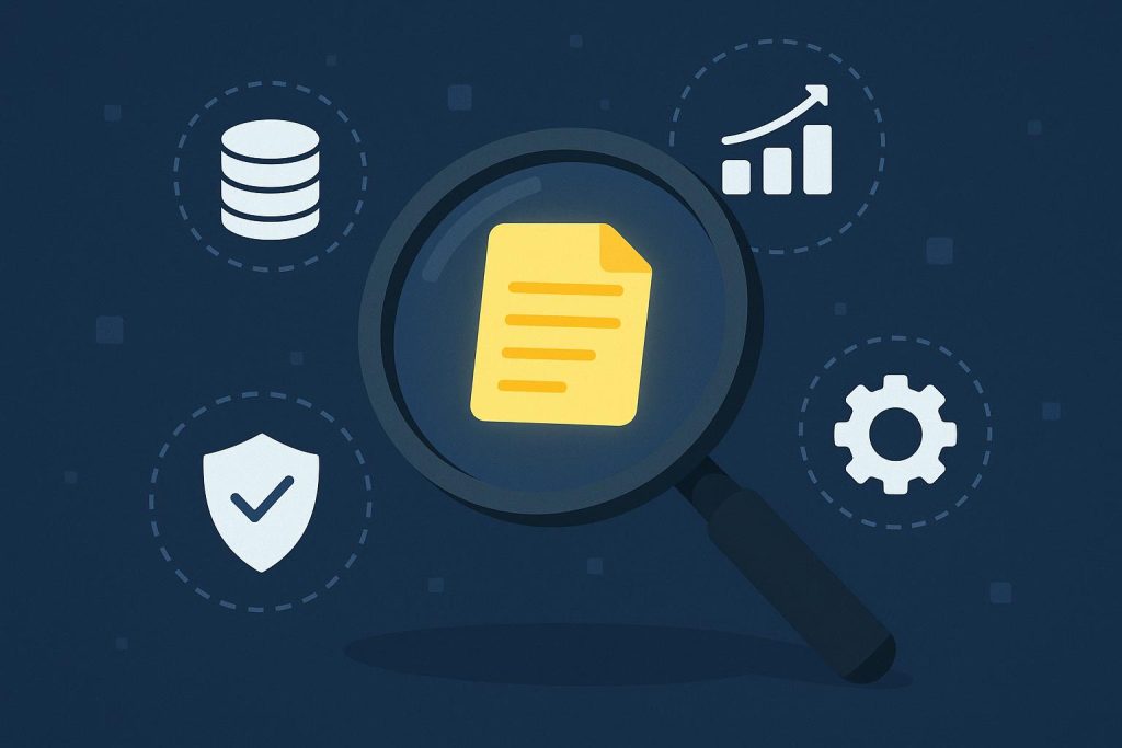 Data management concept with digital files and analytics icons representing business information control