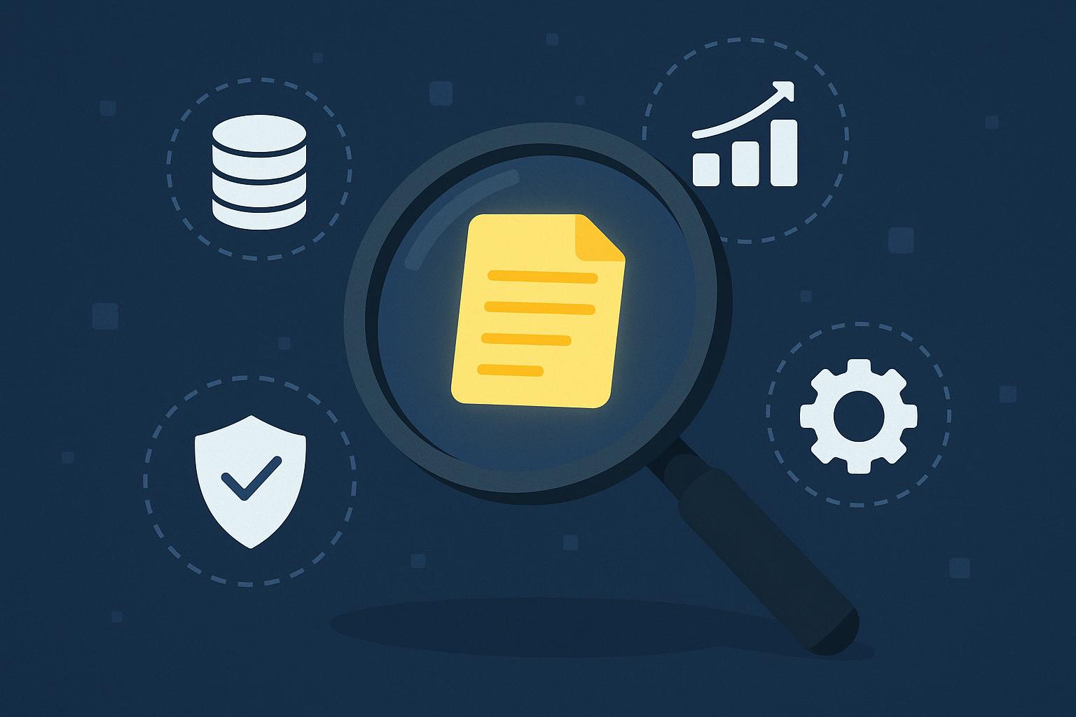 Data management concept with digital files and analytics icons representing business information control