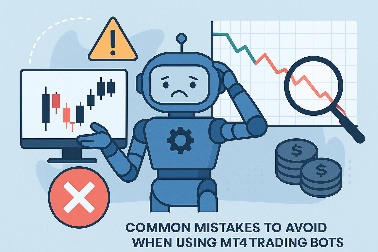 MT4 trading bot interface with highlighted error alerts and trading charts on computer screens