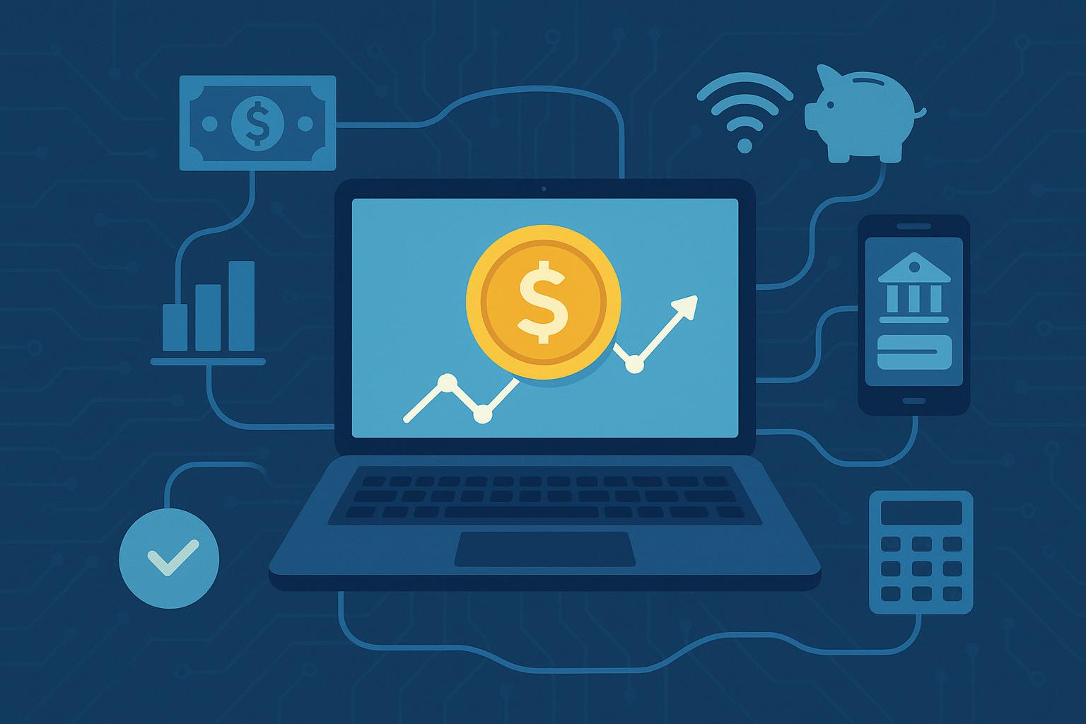 Laptop with financial charts and smartphone displaying savings apps on a desk with digital icons