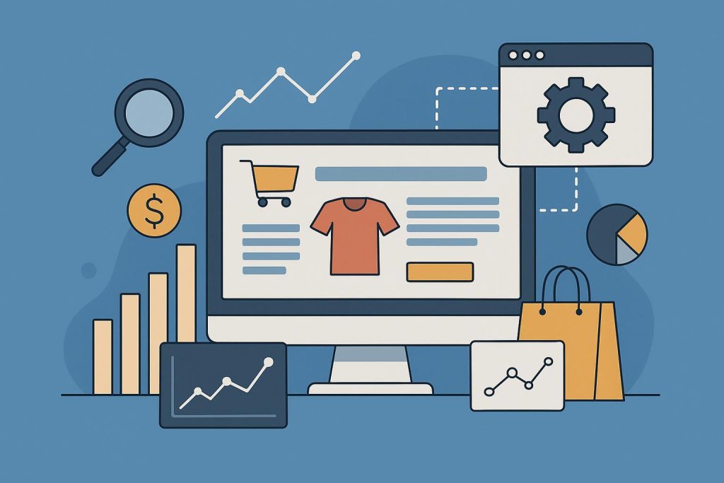 Laptop displaying data charts and competitor websites for e-commerce web scraping analysis