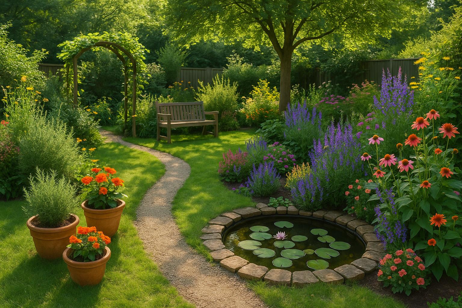 Lush backyard garden with blooming flowers, potted plants, and cozy seating area for relaxation