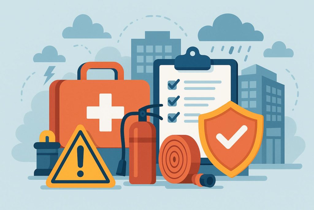 Business emergency preparedness plan with safety equipment protecting operations continuity