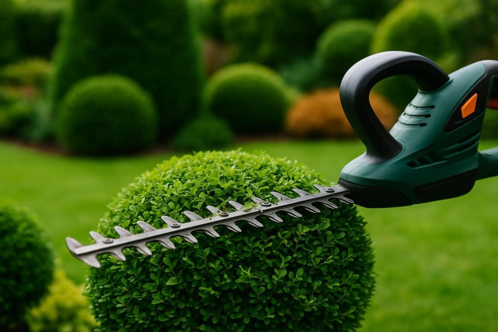 Bush trimmer cutting ornamental shrubs for proper plant maintenance and healthy garden growth