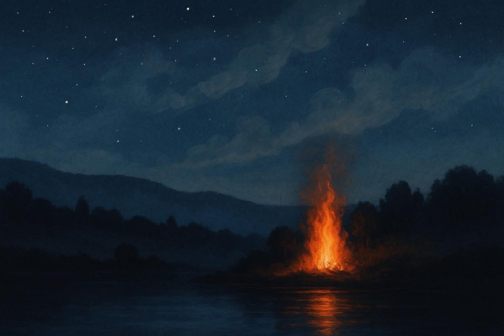 Ethereal night landscape with glowing embers beneath a veil of soft, luminous mist