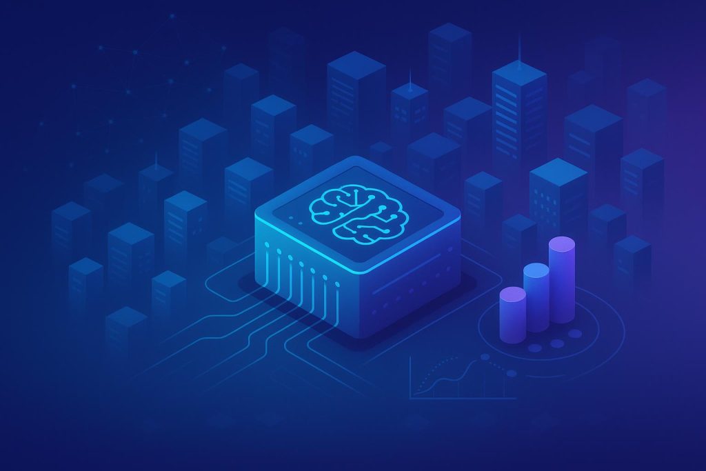 Abstract visualization of enterprise deep learning systems and AI data flow in business technology