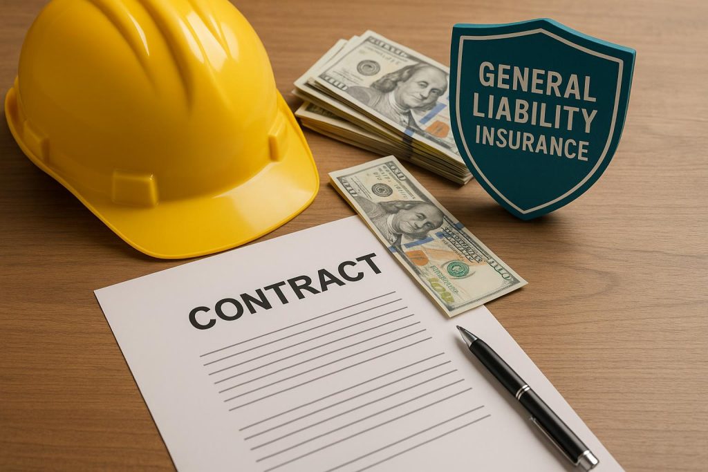 General contractor reviewing liability insurance documents at a construction site desk