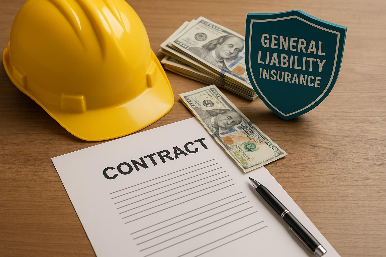 General contractor reviewing liability insurance documents at a construction site desk