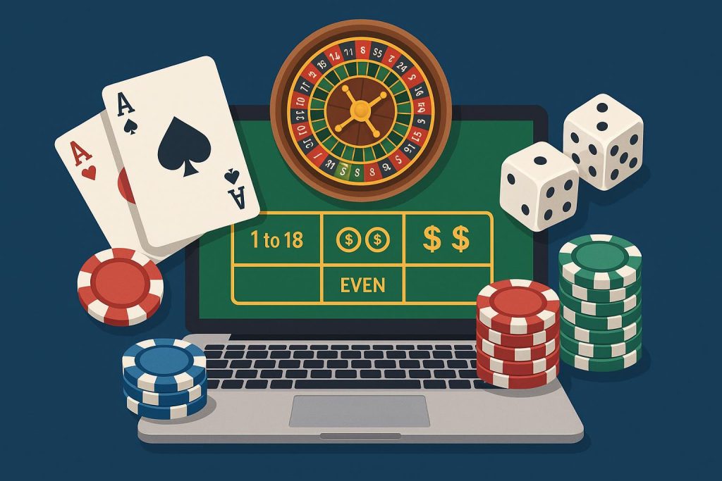 Online casino games setup with laptop, dice, playing cards, and poker chips for iGaming beginners