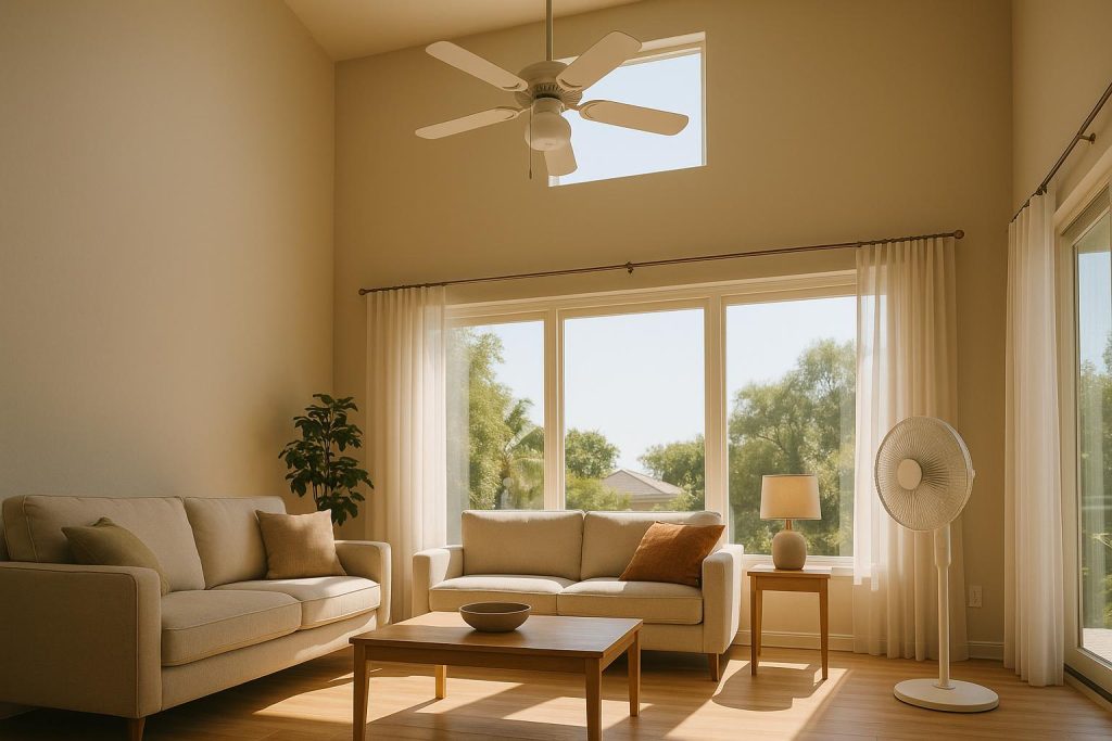 Sunlight streaming into a modern high-ceiling living room highlighting summer heat challenges