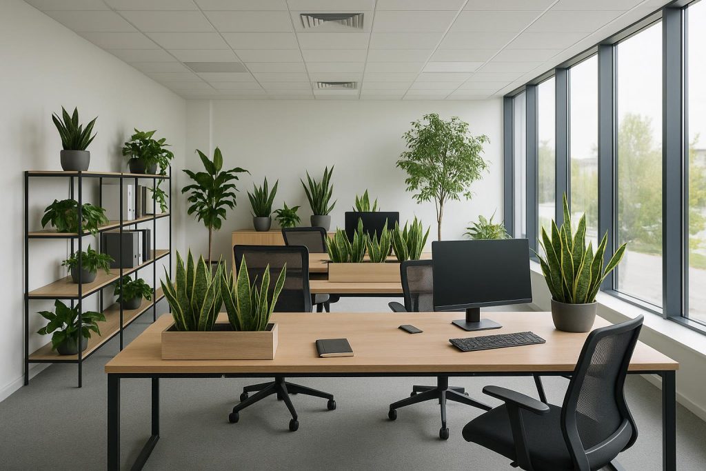 Modern eco-friendly office with indoor plants and natural lighting promoting workplace wellness