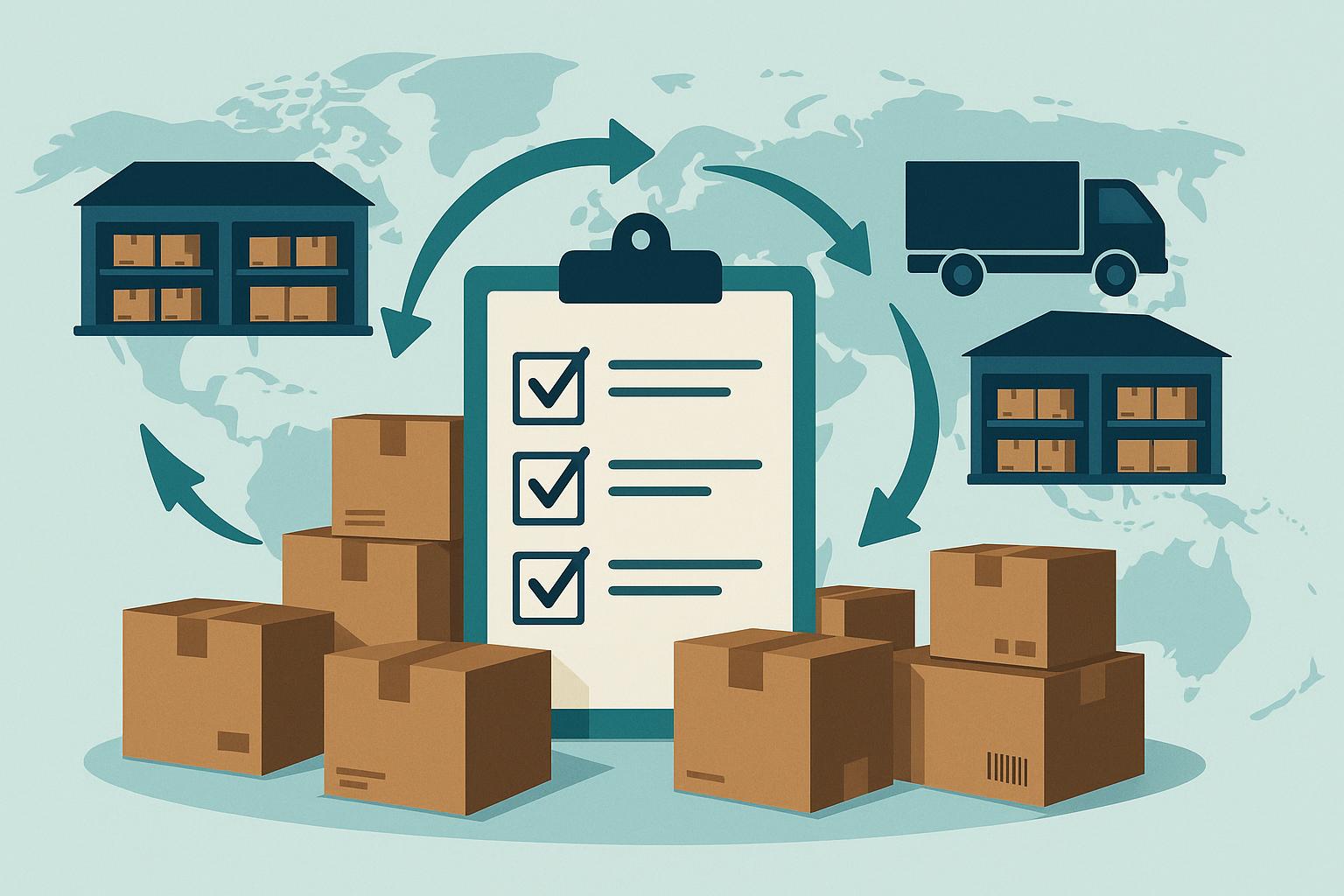 Warehouse shelves with organized inventory and logistics icons illustrating supply chain efficiency
