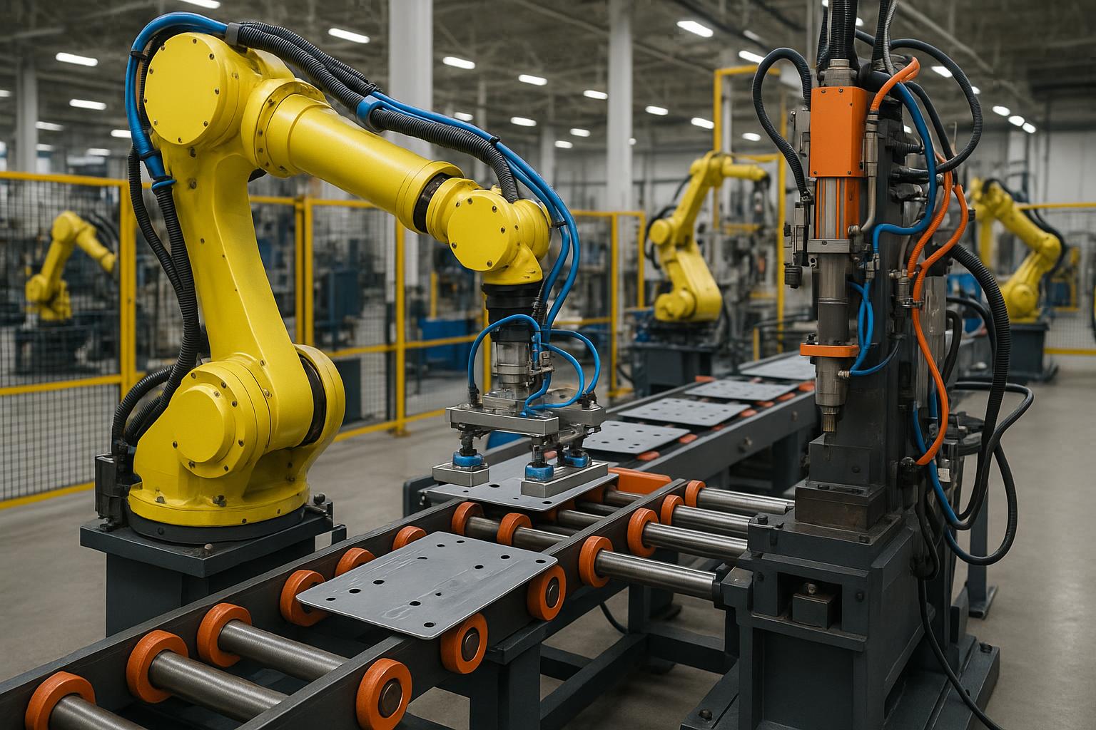 Robotic arms assembling products on a factory floor illustrating manufacturing automation