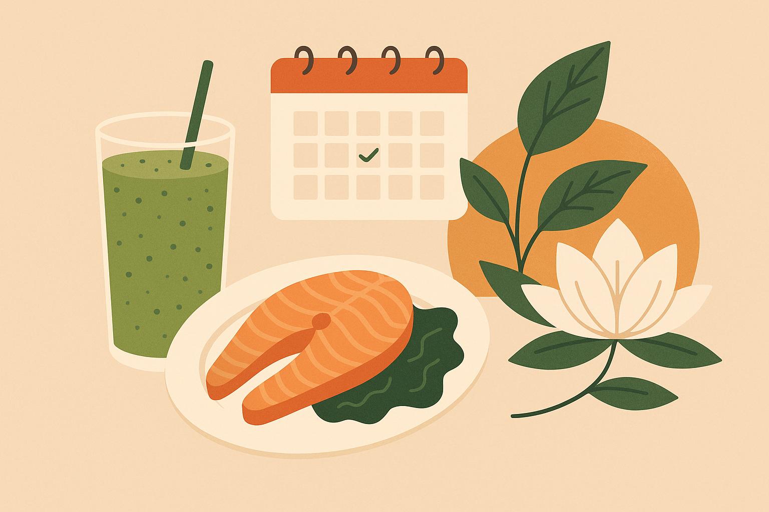 Healthy foods, exercise gear, and supplements promoting women's energy, digestion, and wellness