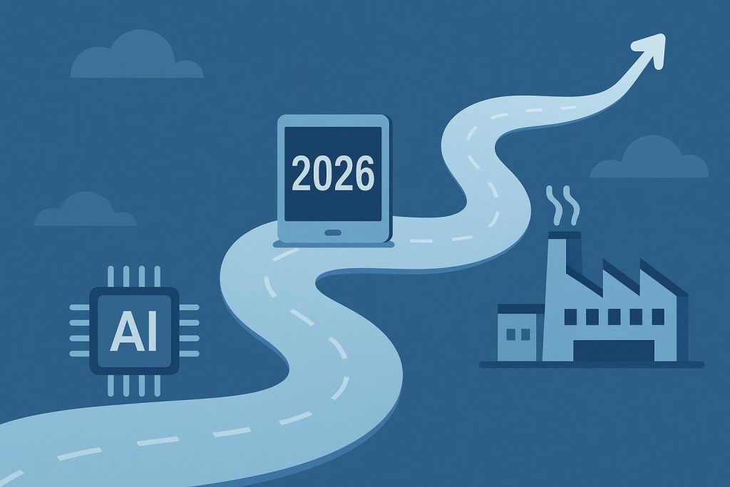AI integration roadmap concept with business data charts and digital technology graphics