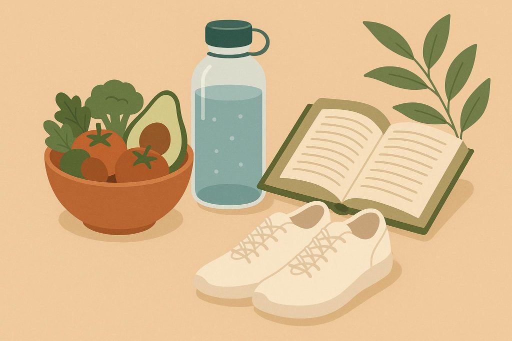 Healthy morning routine with fresh fruit, water, and yoga mat promoting daily wellness habits