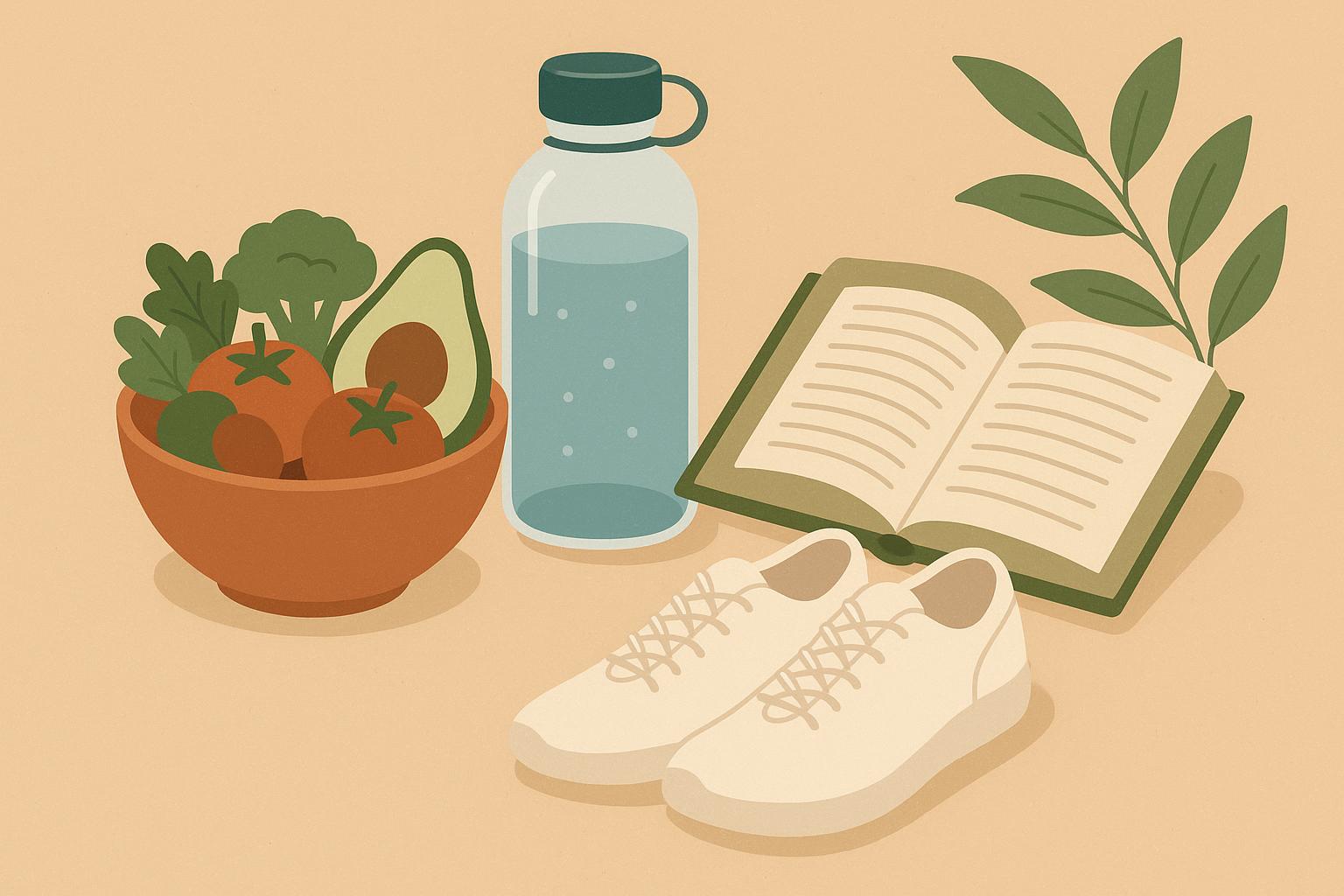 Healthy morning routine with fresh fruit, water, and yoga mat promoting daily wellness habits
