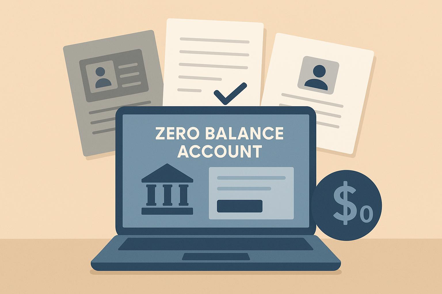 Online zero balance account application with required documents and digital banking interface