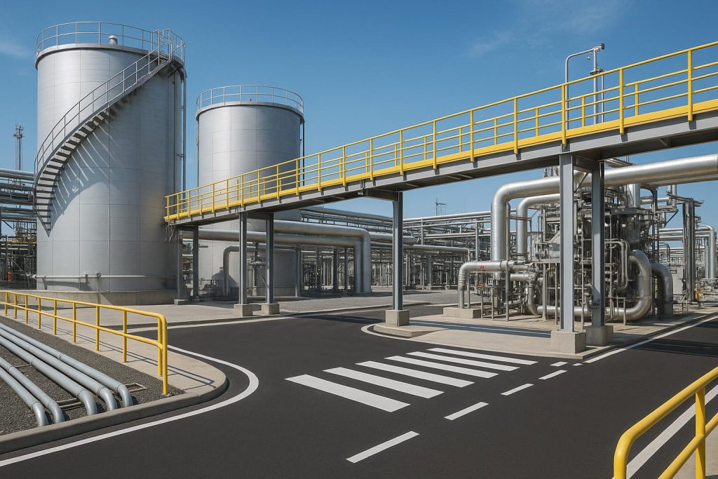 Modern industrial facility with upgraded safety barriers and enhanced lighting for safer operations