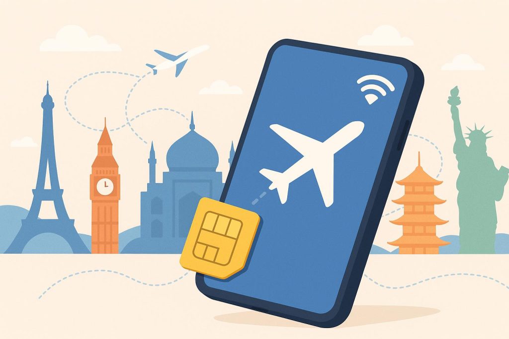 Traveler using smartphone with digital eSIM card and passport icons across global map background